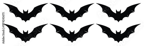 Black bat silhouettes set, 6 flying bat icons in flat vector style, spooky Halloween animal elements for seasonal party decor and graphic design