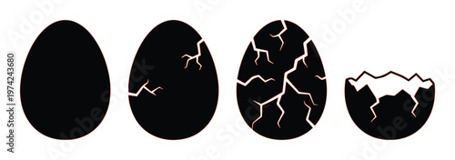 Cracked egg hatching sequence icons, black silhouette eggshell breaking process, set of 4 vector stages of birth and new beginnings