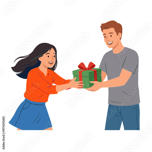 Woman and man exchanging a wrapped gift with a bow indoors.