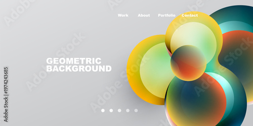 Abstract design features overlapping circles, vibrant colors, gradient effect. Minimalist style with text elements for navigation.