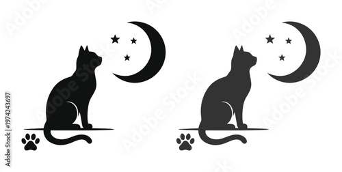 Black cat silhouette vector, mystical feline sitting under crescent moon and stars, pet paw print icon, celestial animal illustration set