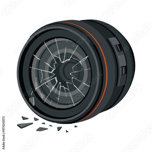 A broken camera lens shatters on the ground with pieces flying everywhere.