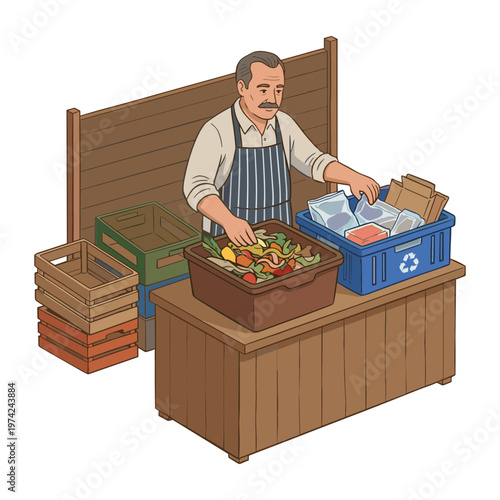 Man preparing fresh produce at outdoor market stall with recycling bin