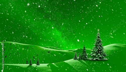 Snowy landscape with pine trees under green night sky