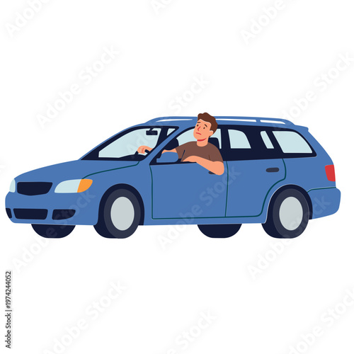 Man smiles while driving a blue car on the road outside