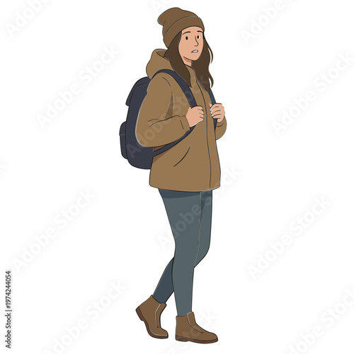 Woman wearing brown jacket and backpack walks alone outside