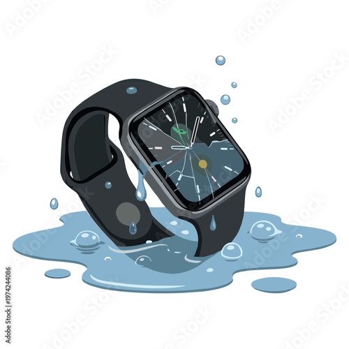 A broken smartwatch lies in a puddle of water with droplets around it
