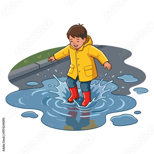 A child wearing a yellow raincoat and red boots jumps into a puddle on a wet street.