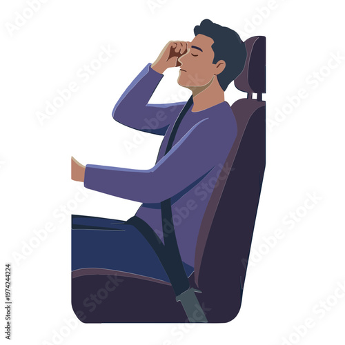 A man is sitting in a car seat wearing a seatbelt and rubbing his eyes.