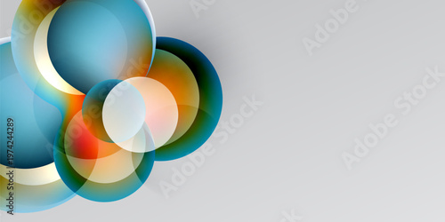 Abstract circles overlap, creating vibrant color blends. Design features gradients, transparency, modern aesthetic. Black, white contrast.