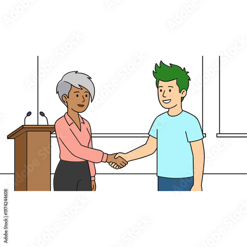 Two people shake hands in meeting