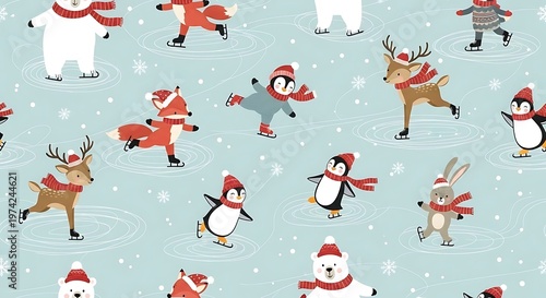 Festive Winter Wonderland Adorable Animals Ice Skating in Snowfall.