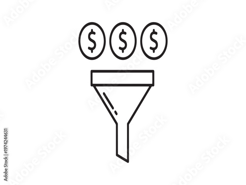 Financial funnel three coins flowing through a filter representing investment or revenue stream