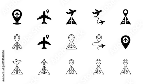 Air Travel and Navigation Icon Set with Airplane Symbols, Location Pins, Flight Routes, Airport Markers, and Map Navigation Elements for Tourism Design