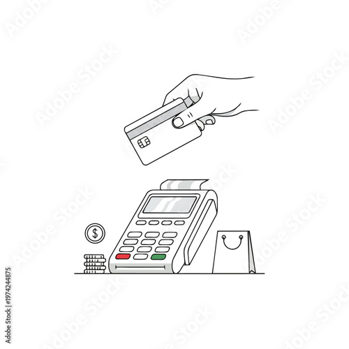 Hand holding card near payment terminal.
