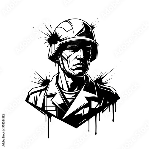 Gritty Soldier Portrait, Black and White, Military Art, War Concept, Drip Effect