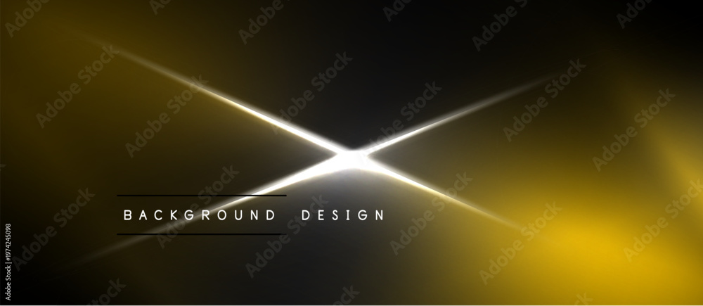 Naklejka premium Dark background features golden light flares, bright starburst effect. Text reads background design centered below illumination. Minimalist, modern aesthetic.