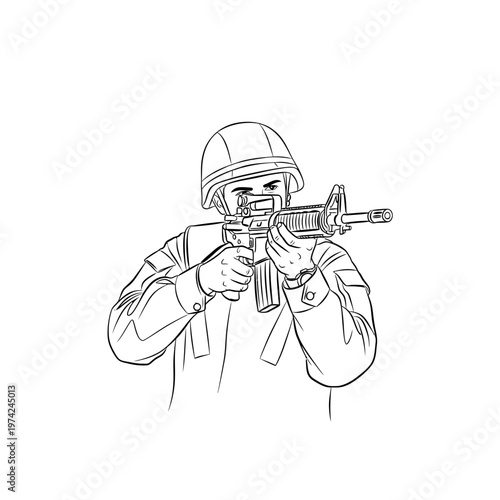 Soldier aiming assault rifle, military combat, tactical gear, focused expression, action pose
