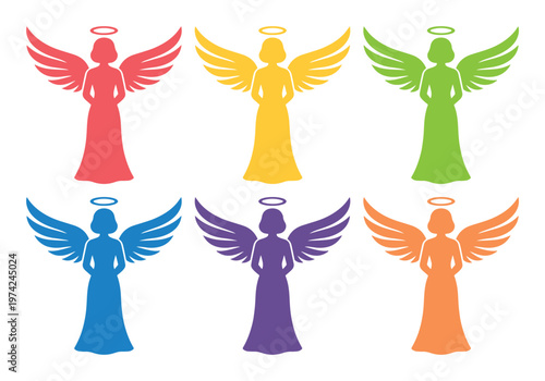 Colorful angel silhouettes with wings and halos, set of 6 divine female angel icons, spiritual heavenly figures in vibrant flat vector style
