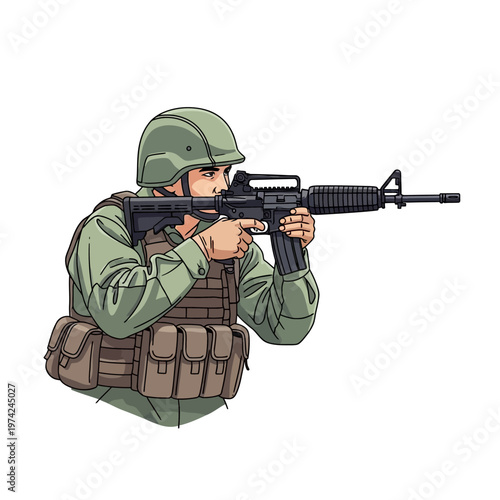 Soldier aiming assault rifle, military uniform, tactical gear, combat readiness, focused expression