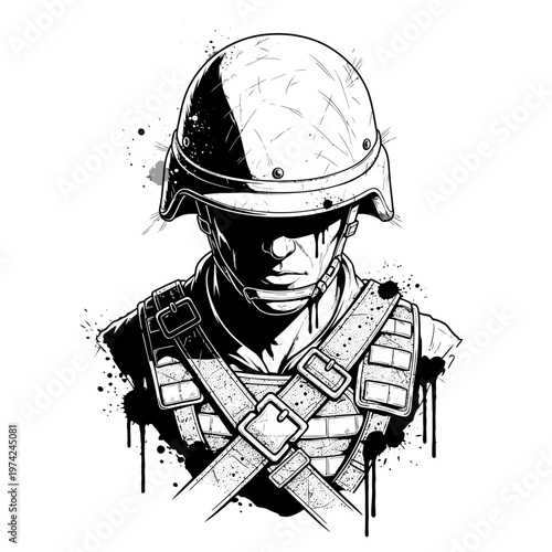 Black and White Soldier Portrait, Military Helmet, Tactical Vest, Intense Gaze, Grunge Splatter Background