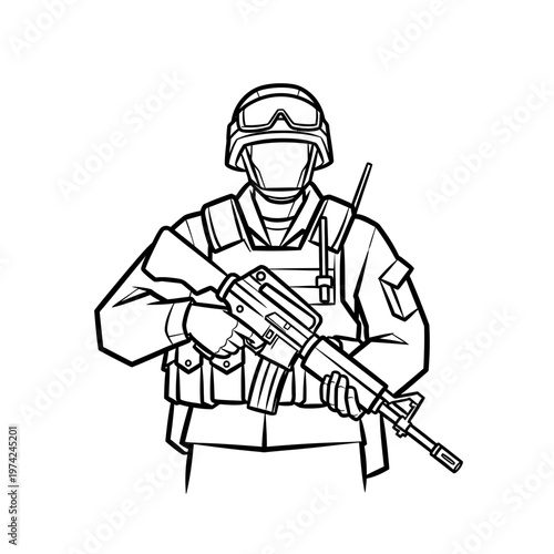 Soldier holding rifle, tactical gear, military uniform, protective helmet, communication device