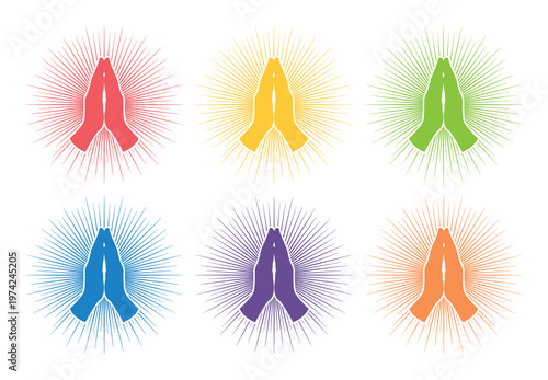 Praying hands vector icon set with sunburst light rays, colorful spiritual prayer symbols, religious meditation and gratitude silhouettes
