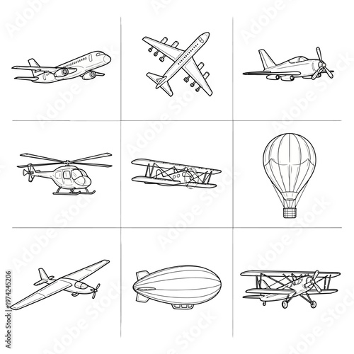Collection of diverse aircraft icons: airplanes, helicopter, biplane, hot air balloon, blimp