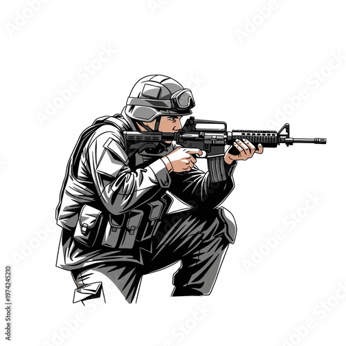 Soldier in tactical gear aiming assault rifle, crouching in combat stance
