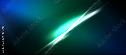 Abstract background features vibrant blue, green hues. Diagonal light streaks create dynamic visual effect. Smooth gradients dominate composition.
