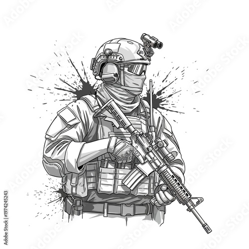 Soldier in tactical gear holding assault rifle, ready for combat, military illustration