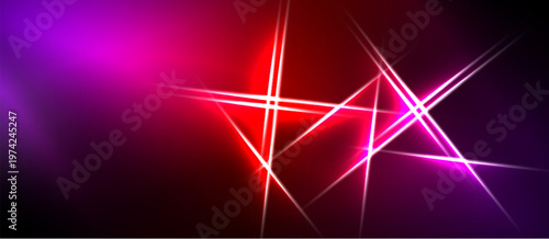 Abstract background features vibrant pink, red gradients. Bright lines intersect creating dynamic visual effect. Dark areas provide contrast.