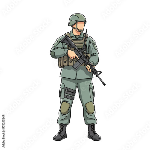 Soldier in tactical gear holding assault rifle, standing alert