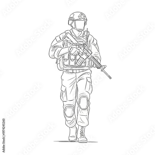 Soldier in tactical gear with rifle, walking forward, military, army, combat, action, illustration