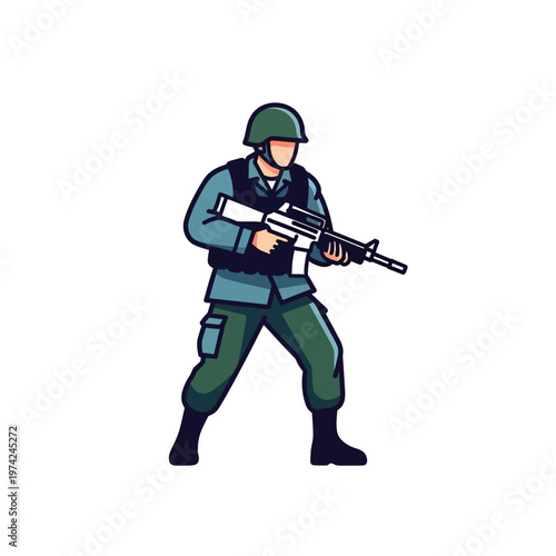Soldier in uniform holding assault rifle, ready for combat, military action illustration