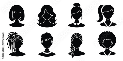 Collection of eight black silhouette icons of people with different hairstyles