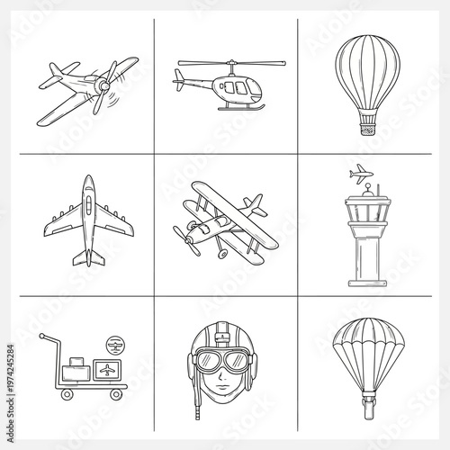 Collection of Hand-Drawn Aviation Icons: Airplanes, Helicopter, Hot Air Balloon, Control Tower, Parachute