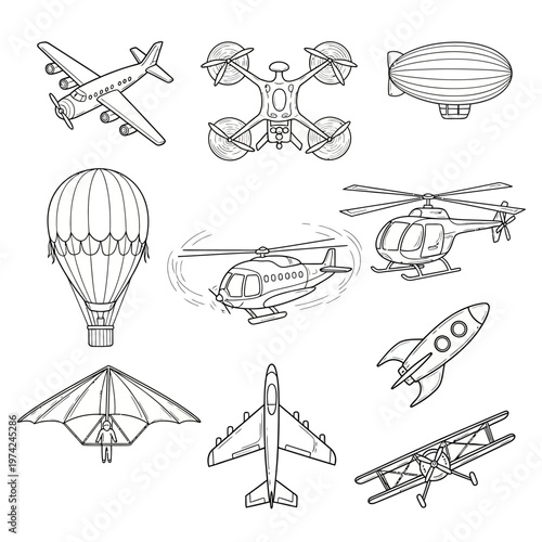 Collection of Various Aircraft and Flying Machines in Sketch Style