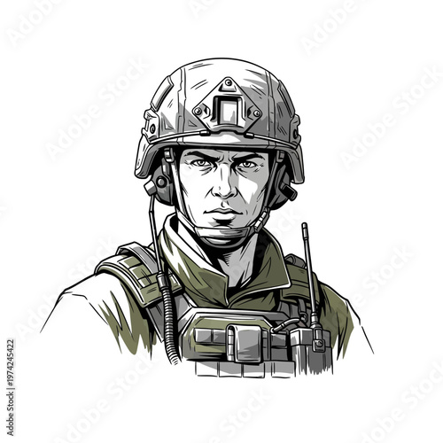 Soldier Portrait, Military Helmet, Tactical Gear, Determined Expression, Close-up