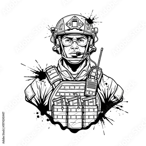 Soldier Portrait, Military Helmet, Tactical Vest, Radio, Combat Gear, Black and White Splatter Art
