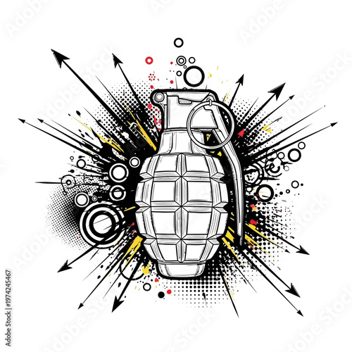 Explosive Grenade Burst with Arrows and Abstract Grunge Elements