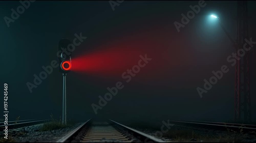 railway signal light glowing red in foggy night cinematic atmosphere dramatic lighting ultra realistic