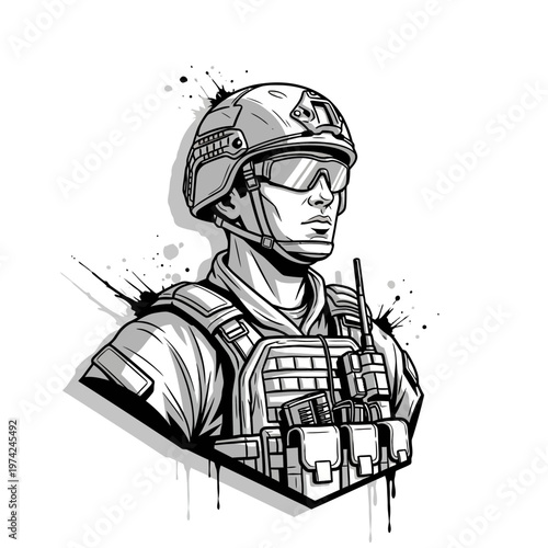 Soldier Portrait, Military Tactical Gear, Helmet, Goggles, Radio, Black and White