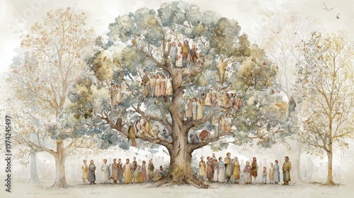 Large central family tree with figures, soft watercolor tones, light palette 