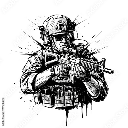 Soldier with Rifle, Tactical Gear, Military Action, Black and White Sketch Style