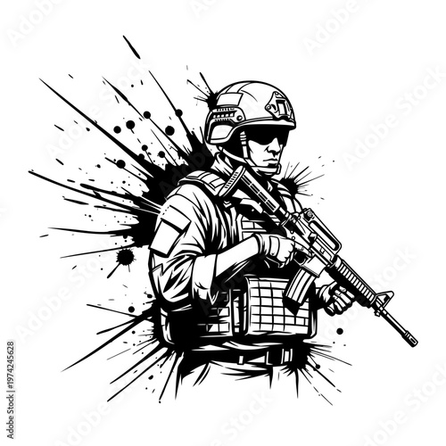 Soldier with rifle, tactical gear, and helmet, dynamic ink splash background, black and white