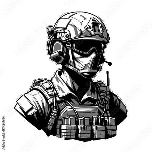Tactical Soldier Portrait, Military Helmet, Goggles, Body Armor, Radio, Combat Gear