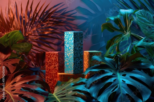 Surreal Tropical Jungle Scene with Geometric Sculptures Illuminated by Contrasting Orange and Blue Lights and Lush Green Foliage in a Studio Setting