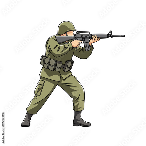 Soldier aiming rifle, military uniform, action pose, tactical gear, combat readiness