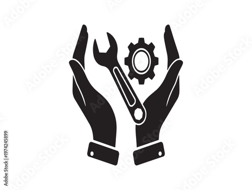 Title protecting mechanical expertise hands holding tools symbolizing care and skillful maintenance description a black silhouette depicts two hands gently cradling a